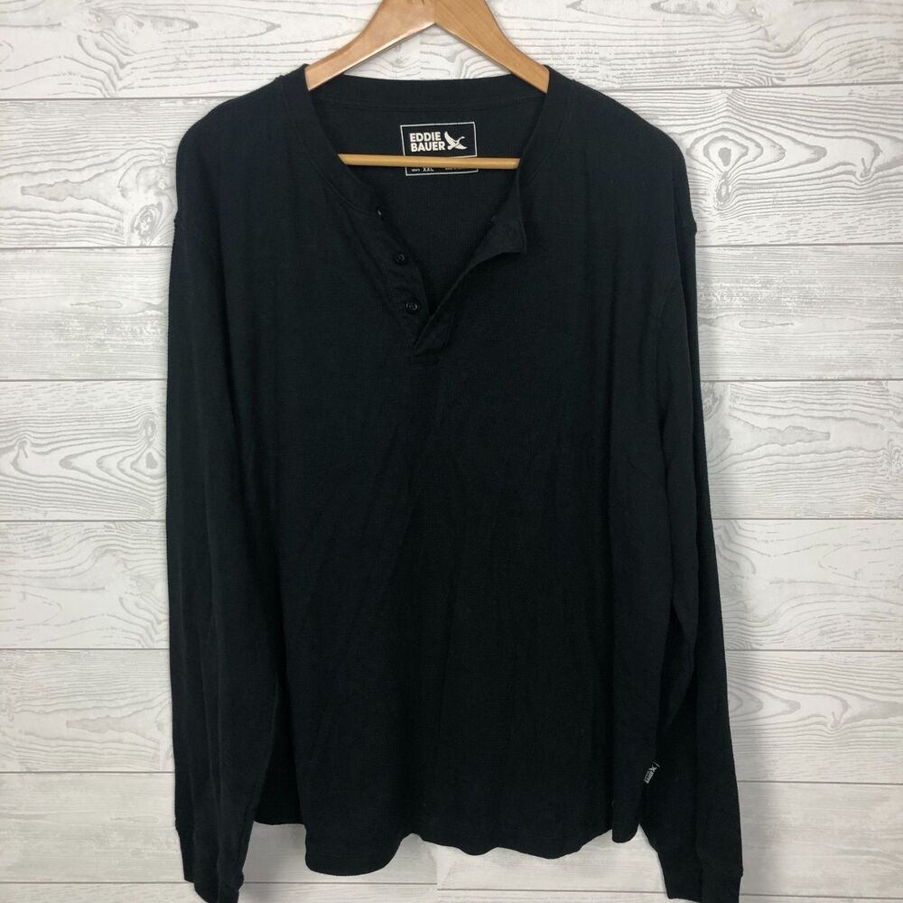 Eddie Bauer Men's XXL Waffle Knit Long Sleeve Raglan Shirt Cotton Blend Black